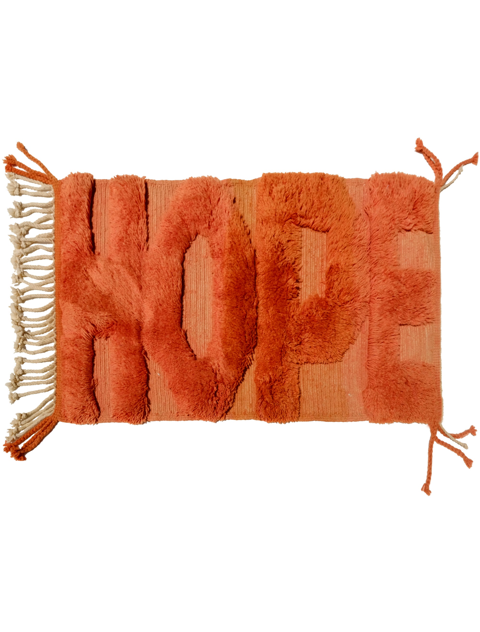 Introducing our 'Tangerine Hope Haven Rug,' a captivating masterpiece featuring bold knotted 'Hope' letters intricately woven with fuzzy texture. Crafted with vegetable dye orange yarn and set on a flat weave base, this rug is a harmonious fusion of vibrancy and classic charm. Elevate your space with its unique design, embodying positive energy and artisanal craftsmanship