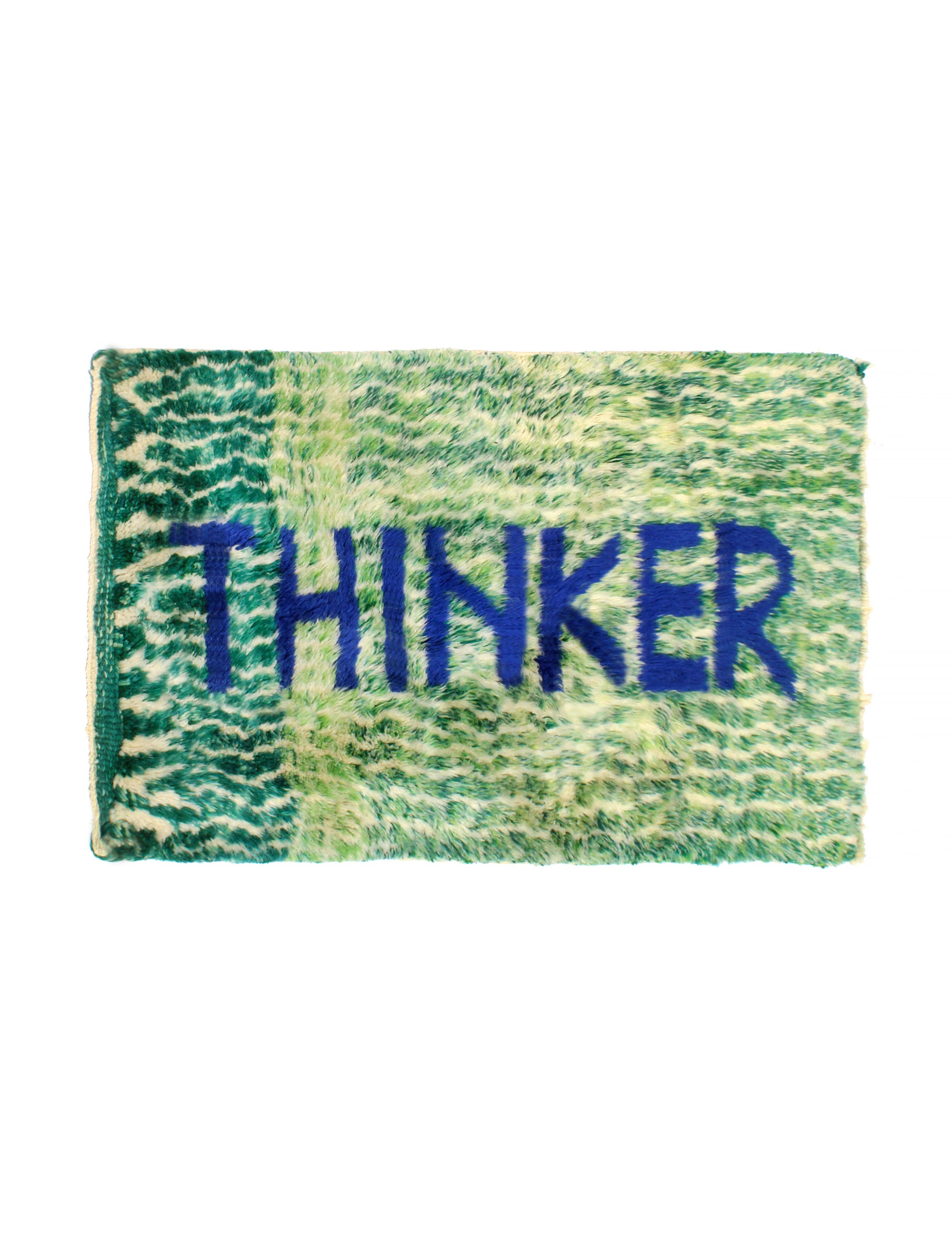 Introducing the 'Verdant Thinker Rug,' where the profound 'Thinker' letter is meticulously woven in blue yarn. Set against a backdrop of unique green and ivory curved wave lines, this rug brings a touch of intellectual charm to your space. Elevate your home with its artistic blend of colors and textures, creating a vibrant and thoughtful ambiance that resonates with modern sophistication.