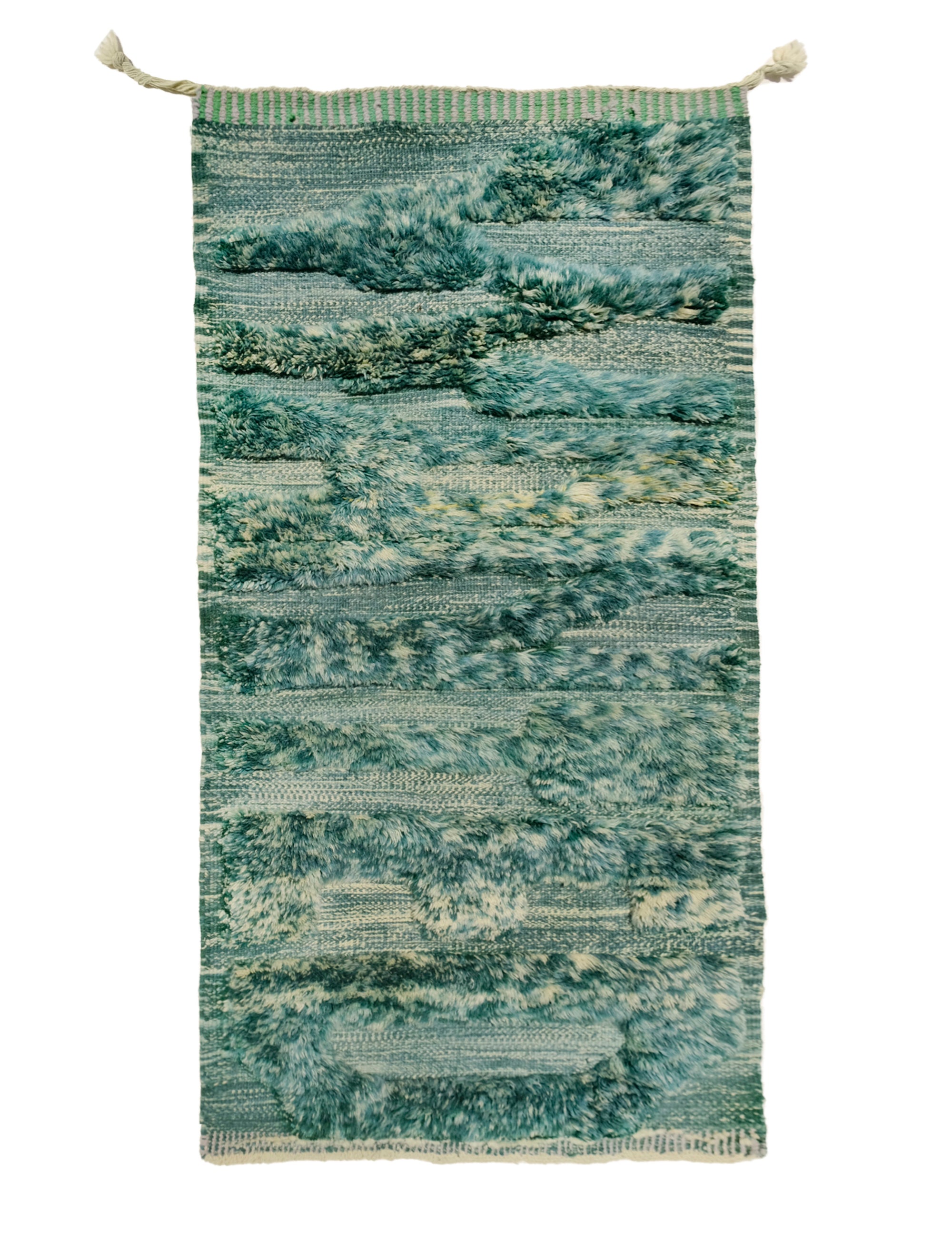  "Verdant Whispers Wanted Rug" from Purple Mountain Rugs, where lush greens meet an intriguing message. This rug is meticulously crafted using a unique combination of different shade yarns to create a captivating visual effect. The word "WANTED" is artistically woven into the rug with a fuzzy texture, gradually fading into the verdant hues of green.