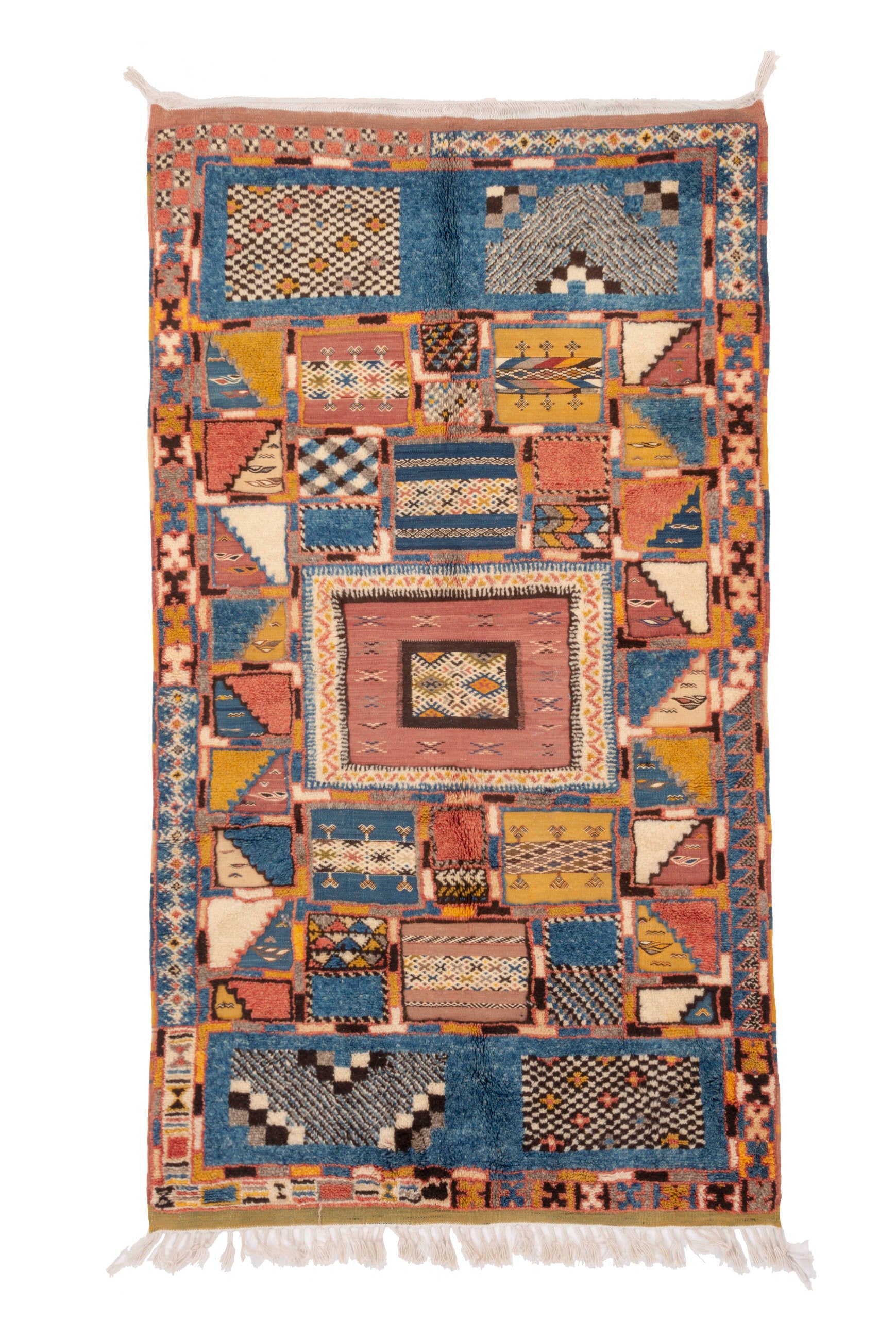 Indulge in the timeless allure of our Sunset Serenity Glawi Rug. With a classic geometric glawi pattern adorned in a mix of vintage blue, pink, and yellow tones, this rug exudes charm and character. Elevate your space with the artistry of traditional craftsmanship and the soothing hues of a bygone era.
