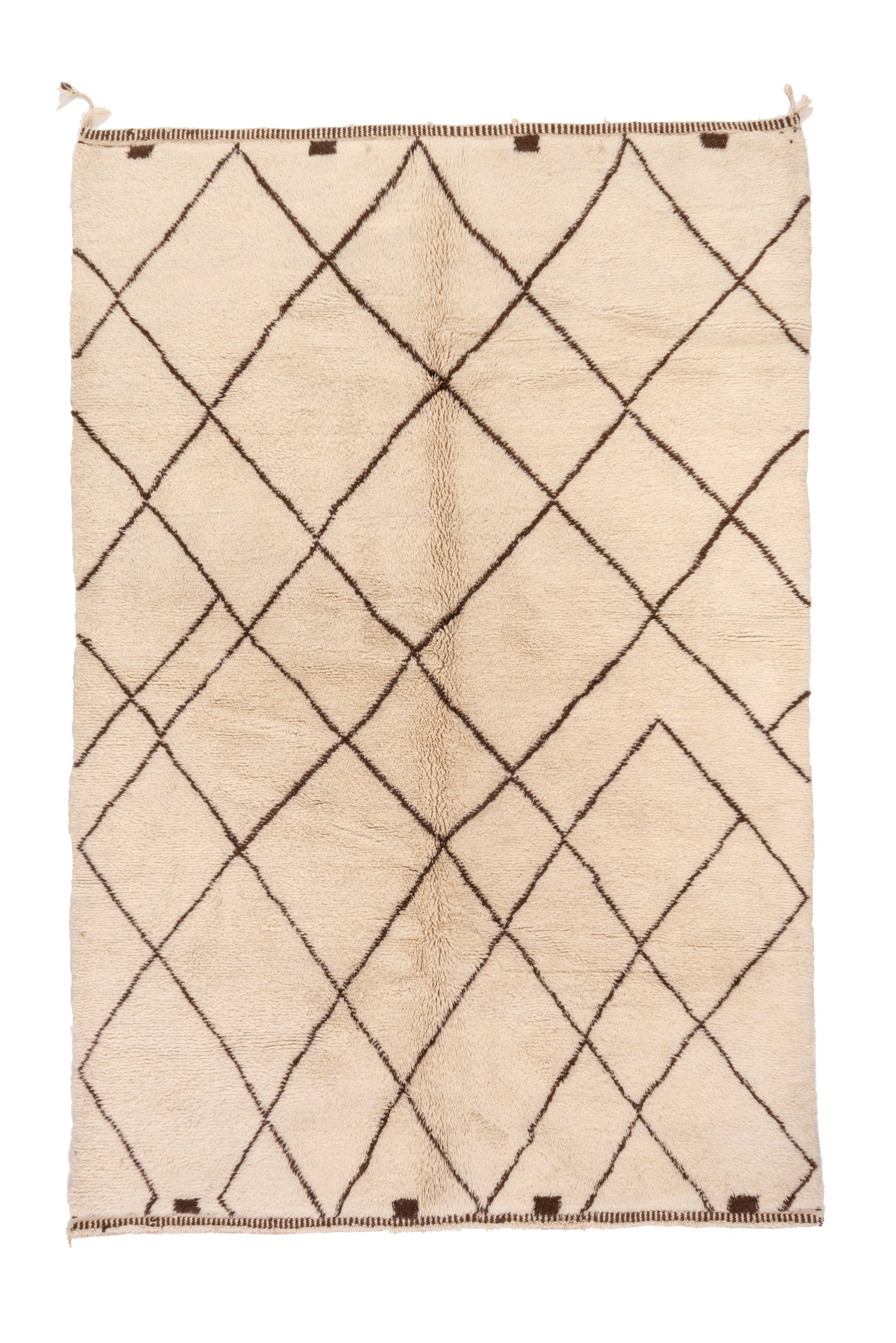 Elevate your space with our Ivory Crosshatch Beni Ourain Rug, featuring a classic ivory base with intricate crisscross brown lines meticulously handwoven in wool. Perfect for adding a touch of timeless elegance to your decor.
