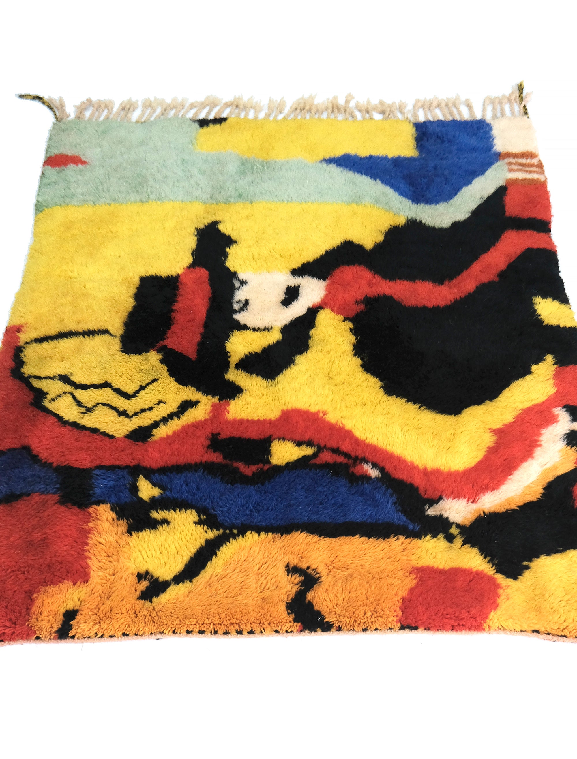 Elevate your space with our 'Vogue Revival Art Rug,' a vibrant homage to Irving Penn's iconic black and white Vogue cover. Infused with hues of red, yellow, green, and a touch of blue reminiscent of 80s web aesthetics, this rug captures both fashion history and artistic innovation. Channeling the energy of Penn's work, this multicolored masterpiece adds a dynamic touch to your decor, blending vintage charm with contemporary flair."